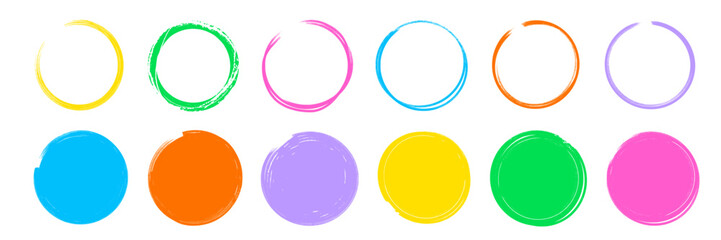 Brush color paint texture circle hand drawn element set. Hand drawn brush stroke round stamp line frame. Texture stroke circle background. Abstract stain grunge style. Vector illustration