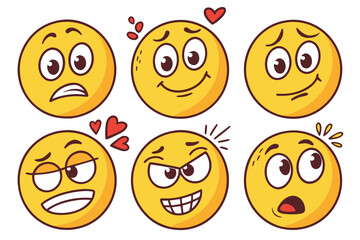 Fototapeta premium 46 Vector emoji set, expressive round faces, diverse emotions, bright yellow and orange colors, simple designs, flat style, white background, cartoon eyes, exaggerated features, mood indicators, angry