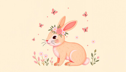 Fototapeta premium Cute fluffy bunny adorned with flower crown, magical illustration