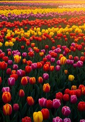 夕日輝く虹色チューリップ畑 鮮やか色彩