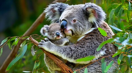 Obraz premium Mother koala cradling her joey in eucalyptus tree.
