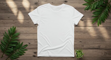 White T-shirt Mockup on Wooden Background with Tropical Leaves Decor