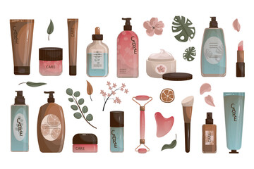 Beauty routine products set in flat cartoon design. Collection graphic elements with cream jar, lotion tube, serum, shampoo bottle, gel, facial massage roller, other cosmetics. Vector illustration.