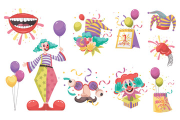 Fools day set in flat cartoon design. Collection graphic elements with laughing mouth, funny colorful clowns, joker hat, different prank toy in box, mask, calendar date, other. Vector illustration.
