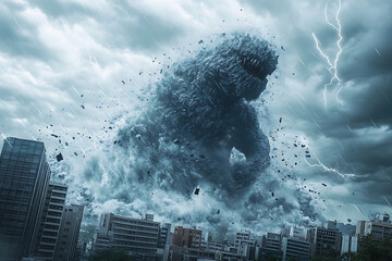 Massive creature emerging from stormy clouds over a city skyline, with lightning striking in the background