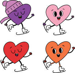 Cute Heart Characters Ice Skating Vector Set