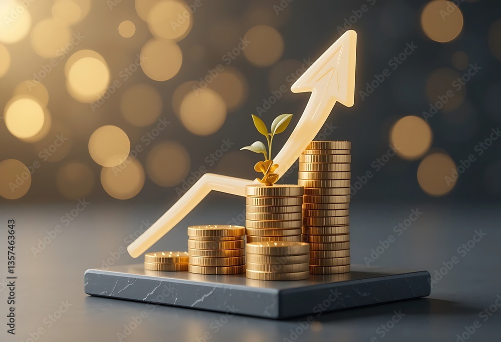 Poster growth concept with coins stacked, plant and arrow pointing up against bokeh background showing succ