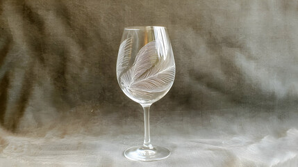 Delicate etched wine glass featuring feather-like design