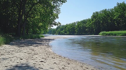Sunny Riverbank Beach Forest Path