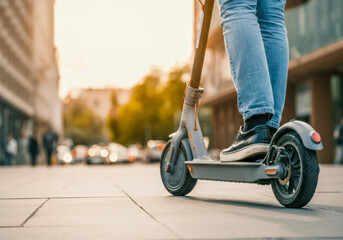 Obraz premium Person riding an electric scooter in a bustling city street during golden hour with warm sunlight illuminating the surroundings