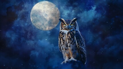 Obraz premium A silent owl watches over the forest with moonlight in its eyes