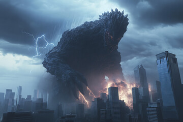 A colossal creature towers over a cityscape, unleashing chaos amidst a stormy backdrop