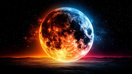 Fiery  Icy Moon Celestial duality with cosmic landscape.