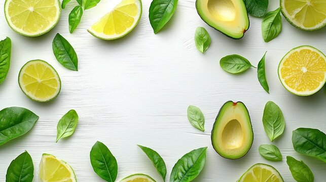 Fresh limes, avocado, basil frame, white wood, food blog