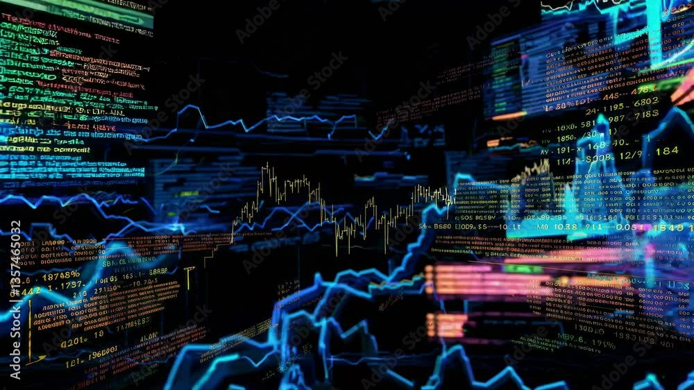 Poster dynamic video showcasing digital data streams and stock market graphs. angled perspective highlights