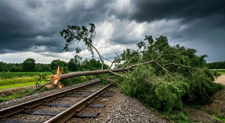 Large fallen tree blocks railway tracks in a rural landscape during stormy weather