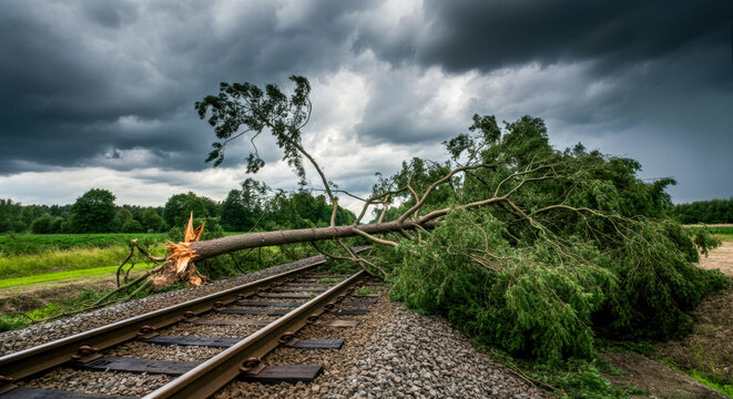 Large fallen tree blocks railway tracks in a rural landscape during stormy weather