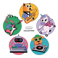 Naklejka premium 2d vector illustration icon cool entertainment cartoon character music tools (Drum , Music Note , Headphones ,Microphone , Piano , Guitar ,Record) 