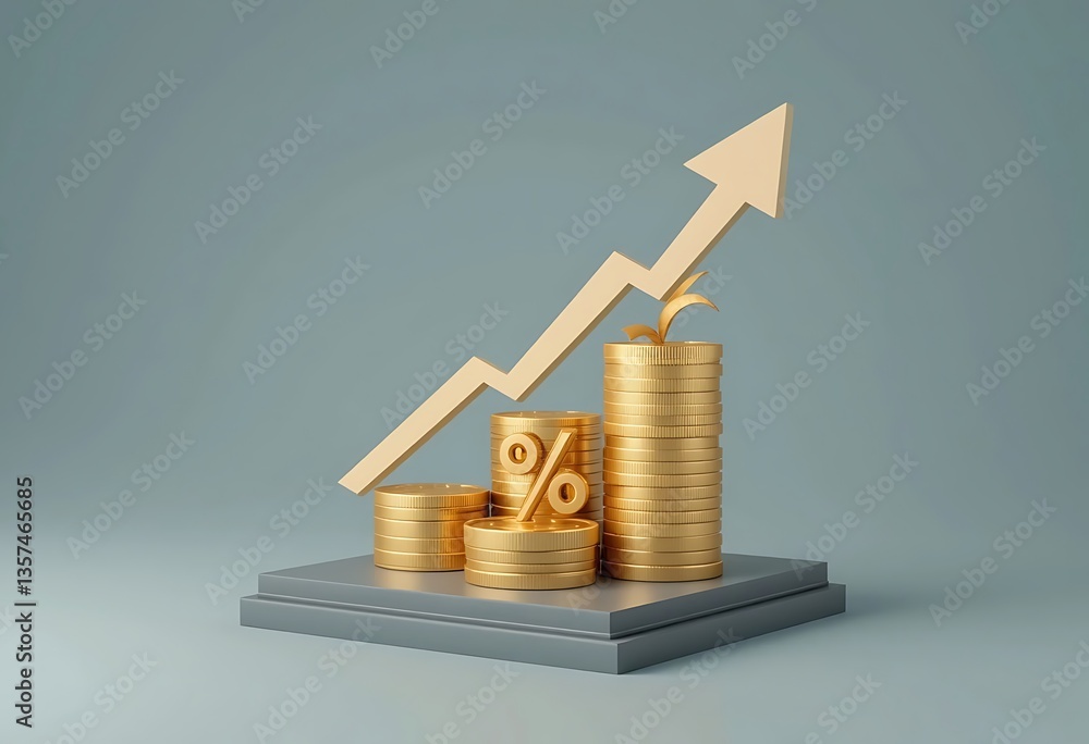 Poster golden coins stacked with a percentage sign and arrow pointing up on a gray platform background