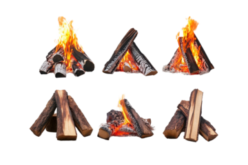 Collection of Six Bonfire Illustrations with Burning Flames and Logs on Transparent Background