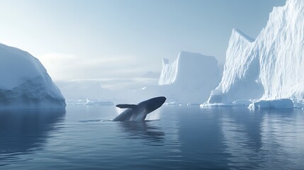 Perfectly Symmetrical Killer Whale Reflection in Still Ocean Waters with Breathtaking Arctic Scenery and Icebergs