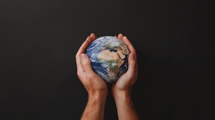 Earth in Hands: Captivating image depicting the Earth held gently within two hands, a symbol of global unity, conservation, and our collective responsibility for the planet's well-being.