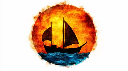 Fiery Sunset Sailboat Ocean Voyage Art.