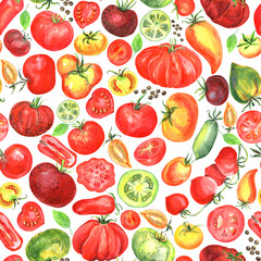 Tomatoes seamless pattern. Red, yellow, green tomato, farm vegetables. Digital paper pack. Stock illustration. Hand painted in watercolor.

