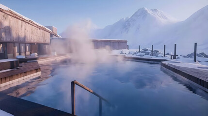 Alpine hot spring retreat in snowy mountains.  Tranquil outdoor pool with steam rising, nestled amongst wooden structures and snow-capped peaks