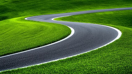 A winding road curves through lush green grass fields under a clear sky