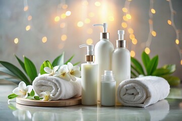 Luxurious Spa Skincare: Calming White Towel, Lotion Bottles, Wellness Ritual
