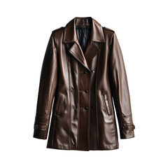 A Chic Leather Winter Coat in Dark Chocolate Brown Isolated on Transparent Background