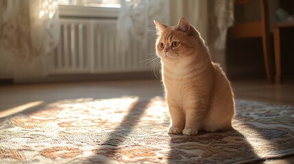 Serene Cat with Soft Fur Sitting Elegantly, Bathed in the Cozy Warmth of Afternoon Sun