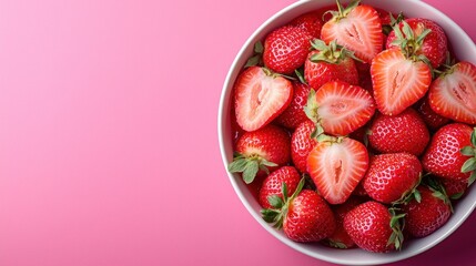 Fresh strawberries in bowl, pink background, food photography, recipe website