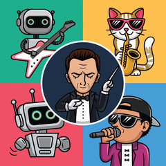 2d vector illustration icon cool entertainment cartoon character  music tools (Drum , Music Note , Headphones ,Microphone , Piano , Guitar ,Record) 

