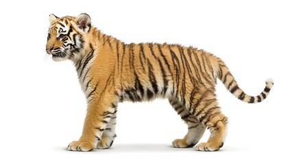 Obraz premium Adorable tiger cub standing, side profile, white background.