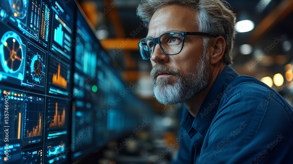 Poster a logistics professional analyzes important data on high tech screens in a warehouse, focusing on in