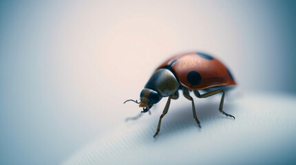 Isolated ladybug with red and black spots on a white background, showcasing its distinctive pattern.