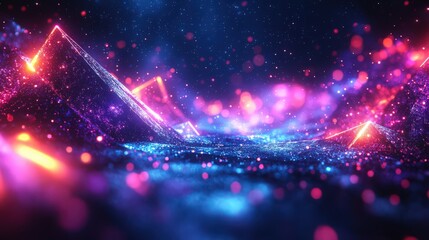 Futuristic illuminated landscape with geometric shapes and glowing particles