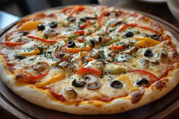 Appetizing pizza with vibrant toppings on a rustic wooden board showcasing culinary delight and savory flavors perfect for food photography and restaurant menus