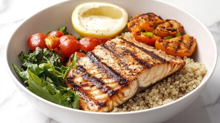 Grilled salmon quinoa bowl with roasted vegetables, healthy meal prep