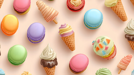 Obraz premium Sweet Dreams: Colorful ice cream and macaroons form a delicious, appetizing, and vibrant composition that evokes delight and sweetness.