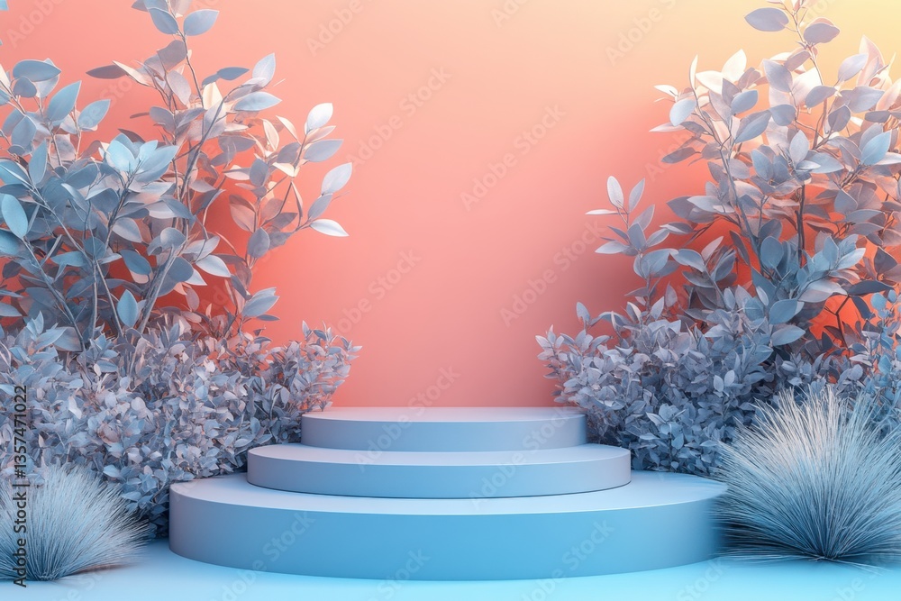 Poster pastel podium display amidst frosted foliage a serene stage for product presentation in a minimalist
