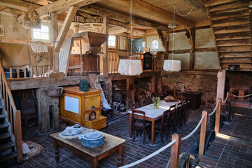 Interior of Bruchmühle in Bruchhausen-Vilsen, historic watermill with coffee table