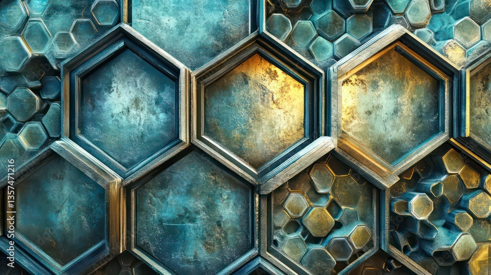 Poster mysterious metal hexagons with a soft, ethereal glow emanating from within, as if infused with an ot