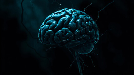 Obraz premium Human brain, silhouette, glowing brain, dark background, side profile, illuminated brain, black silhouette, bright light, brain structure, neural network, human head, brain highlight, shadowy figure, 