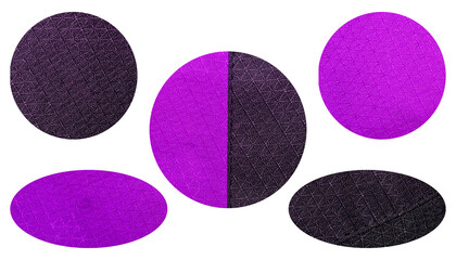 Set of Purple and Black Fabric Circular and Oval Shapes Isolated on Transparent Background