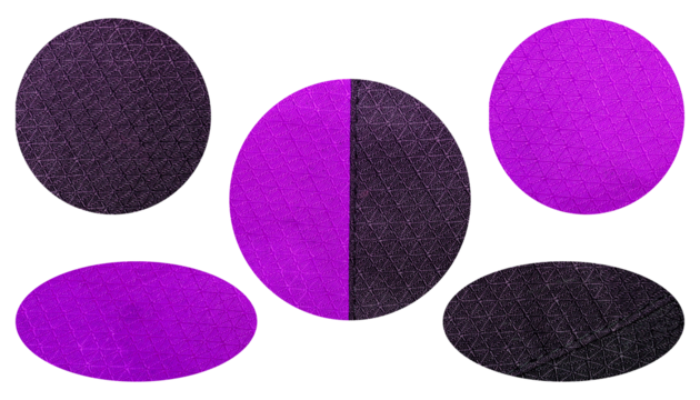 Set of Purple and Black Fabric Circular and Oval Shapes Isolated on Transparent Background