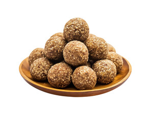 A pile of flax seed laddus on a wooden plate, Sweets laddu on Png Format and Transparent Background
