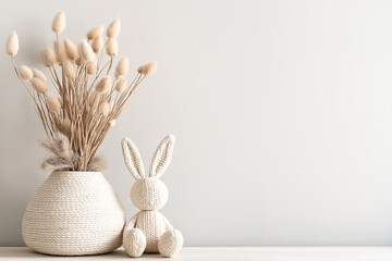 Soft bunny toy next to decorative vase with dried flowers, neutral background